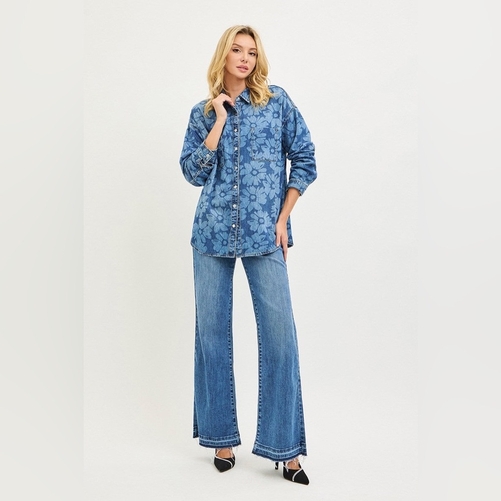 Floral Print Denim Button Down Shirt - Risen - Picture 2 of 5